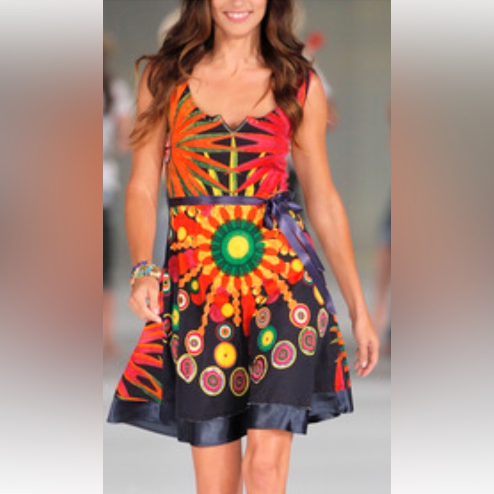 Desigual Railey Straps Dress Colorful Sundress Matching Belt Sequins Embroidered